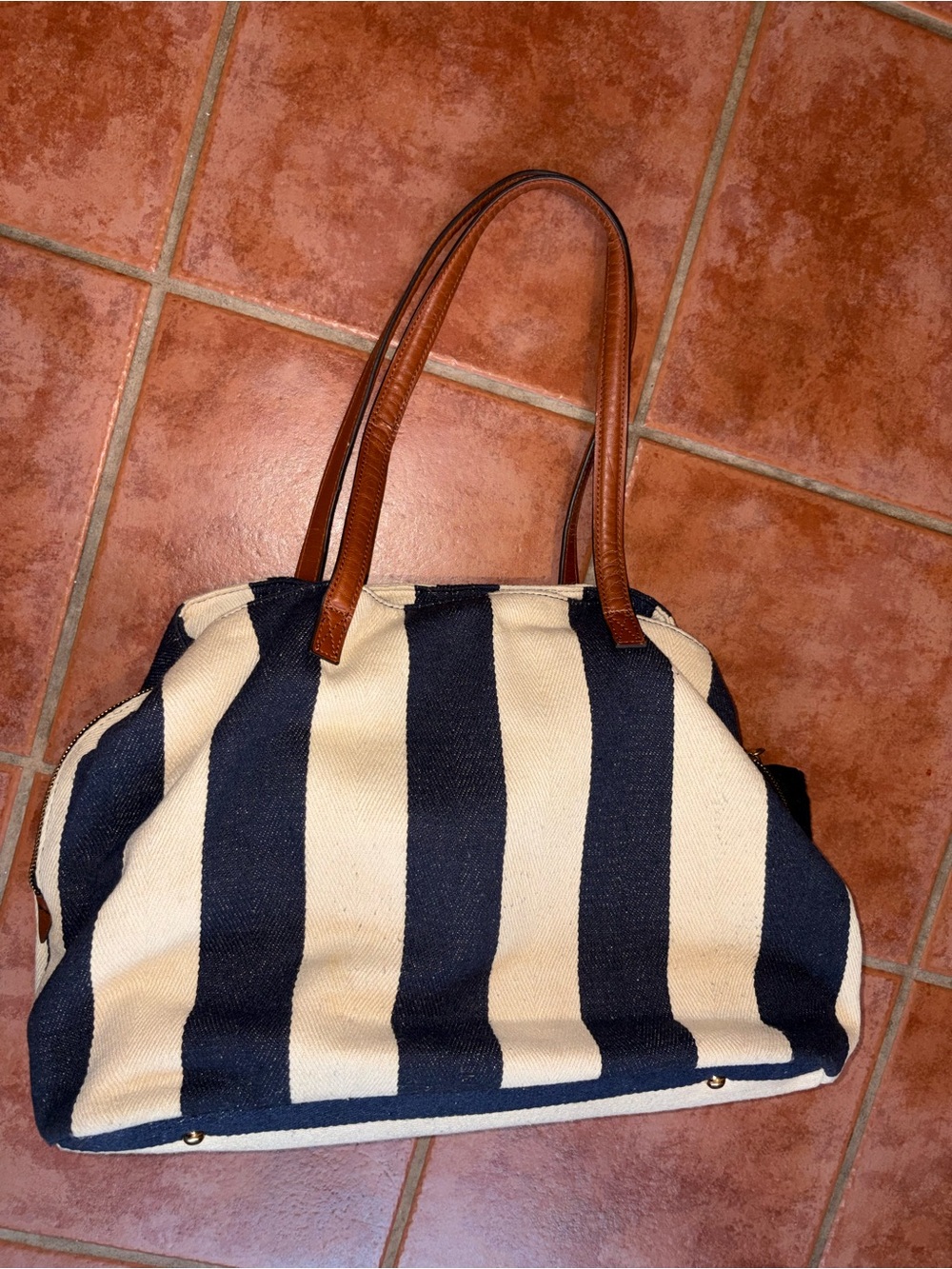 Striped Navy and Cream Tote Bag with Brown Handles sole society